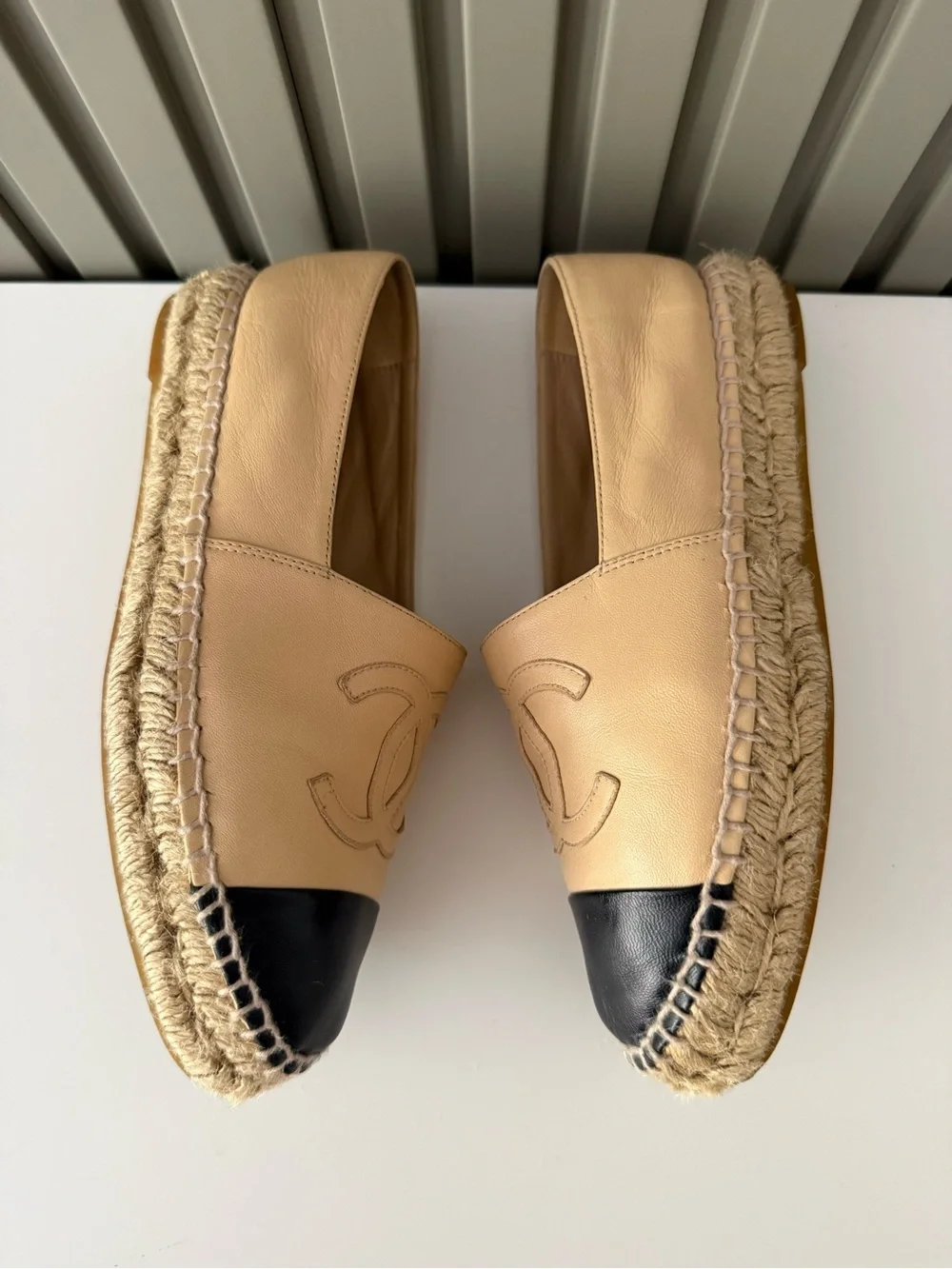 CHANEL Beige and Black Leather Espadrille Flats 100% Authentic